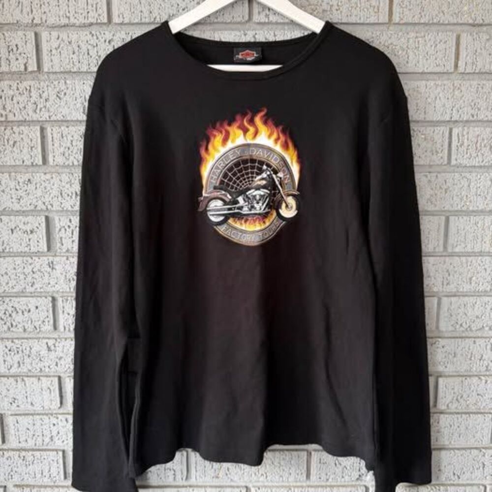 Harley Davidson Factory Tours Shirt Size XL Flames Spider Web Elbow Patches